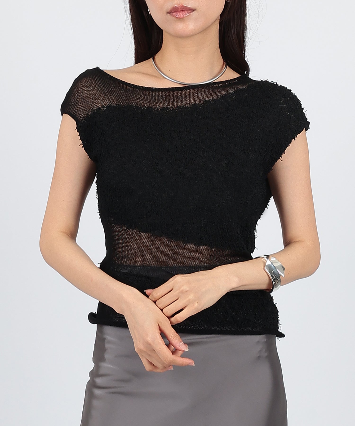 asymmetry sheer border knit pullover – SUWDEE