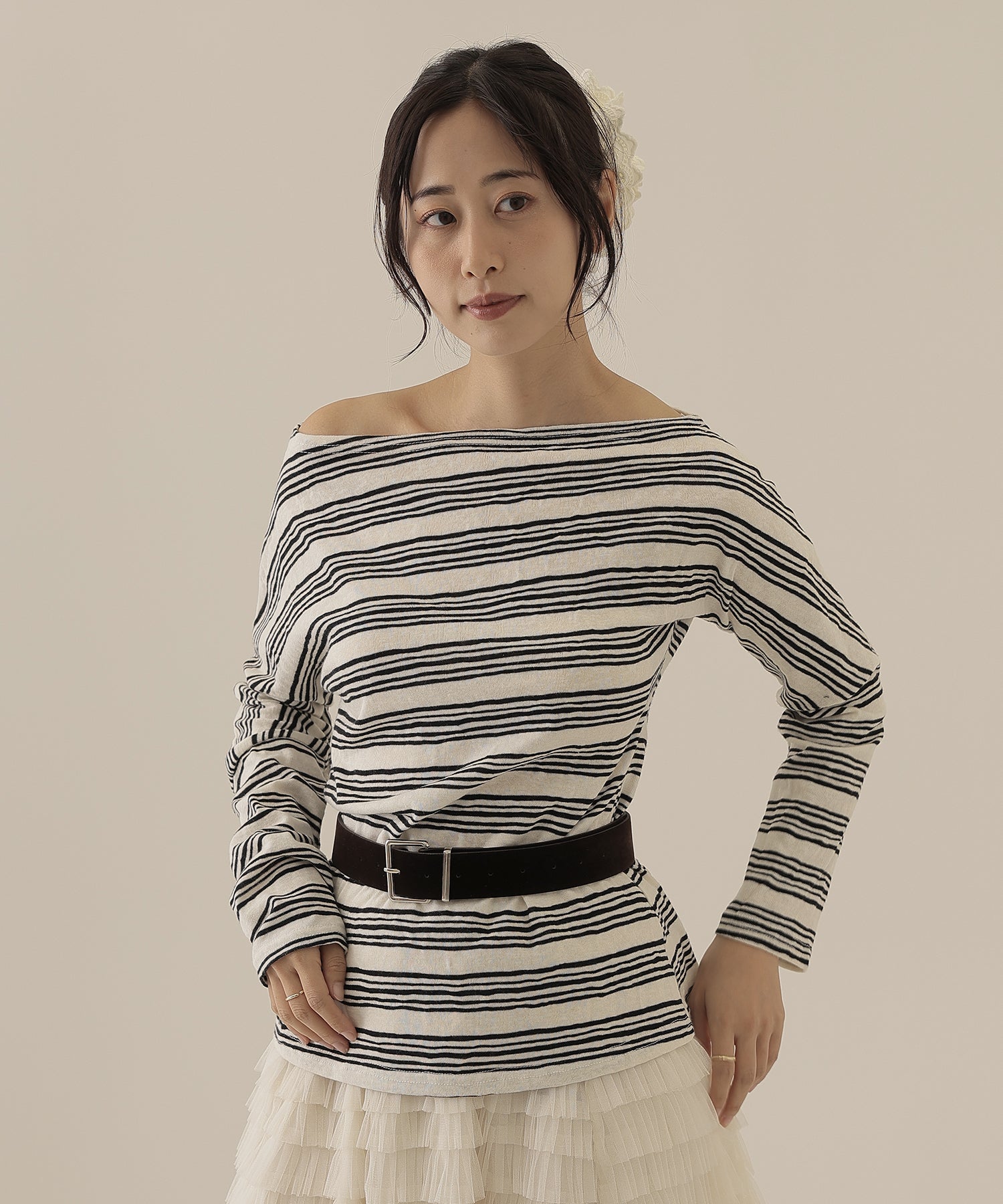 出品8月末迄_最終値下_BOUQUET de L'UNE サテンボーダートップス border belted tops – SUWDEE