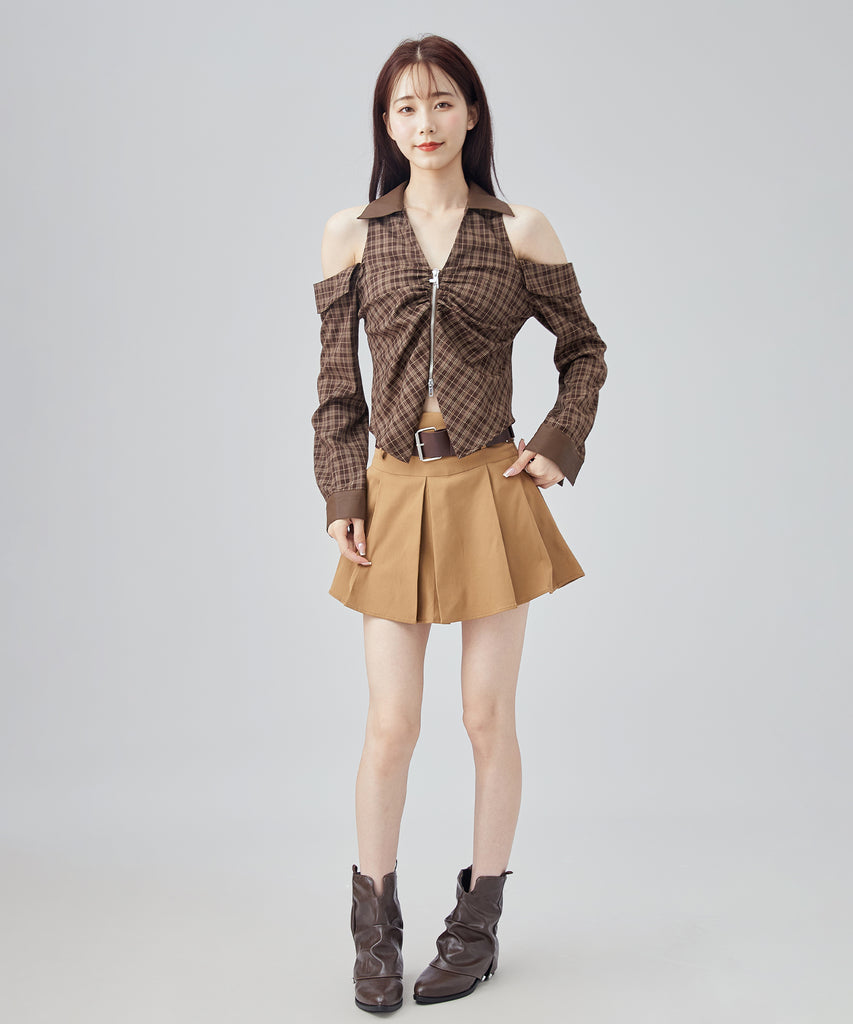 SPECIAL GUEST チェックスウィングトップ 短丈 刺繍 check open shoulder zip tops – SUWDEE