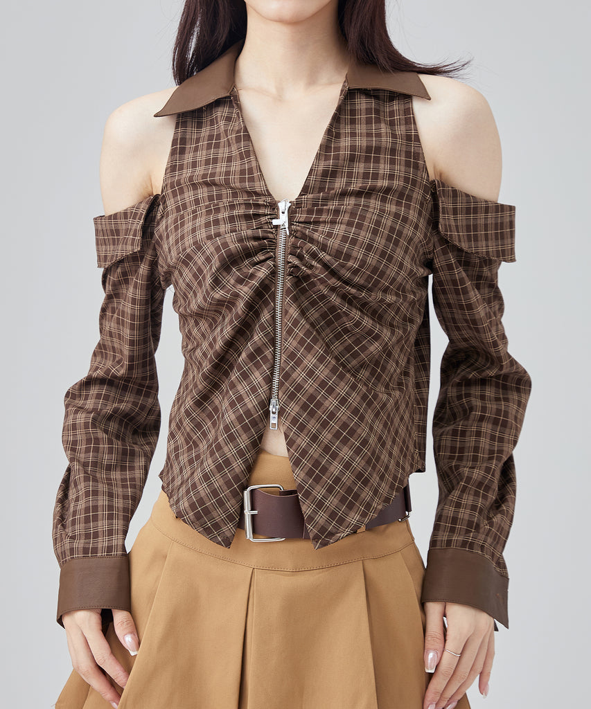 SPECIAL GUEST チェックスウィングトップ 短丈 刺繍 check open shoulder zip tops – SUWDEE